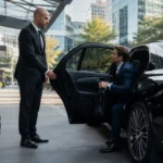 Chófer privado abriendo puerta de coche de lujo en Sevilla - servicio VTC premium
